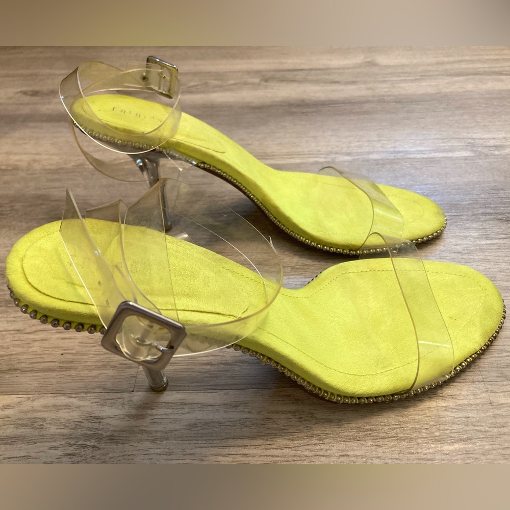 Fashion Nova Neon Yellow Green Heels Silver Studs Clear Adjustable Straps 8.5 - Picture 5 of 16
